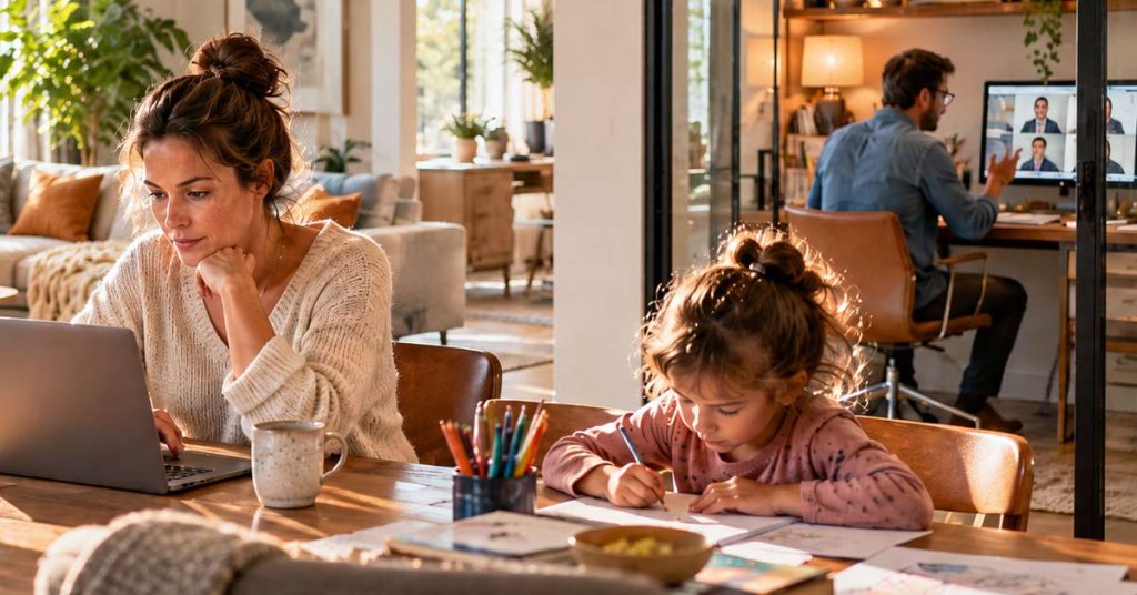 Familie im Homeoffice: Mutter arbeitet am Laptop, Kind macht Hausaufgaben und Vater nimmt an einer Videokonferenz teil – Homeoffice-Boom.
